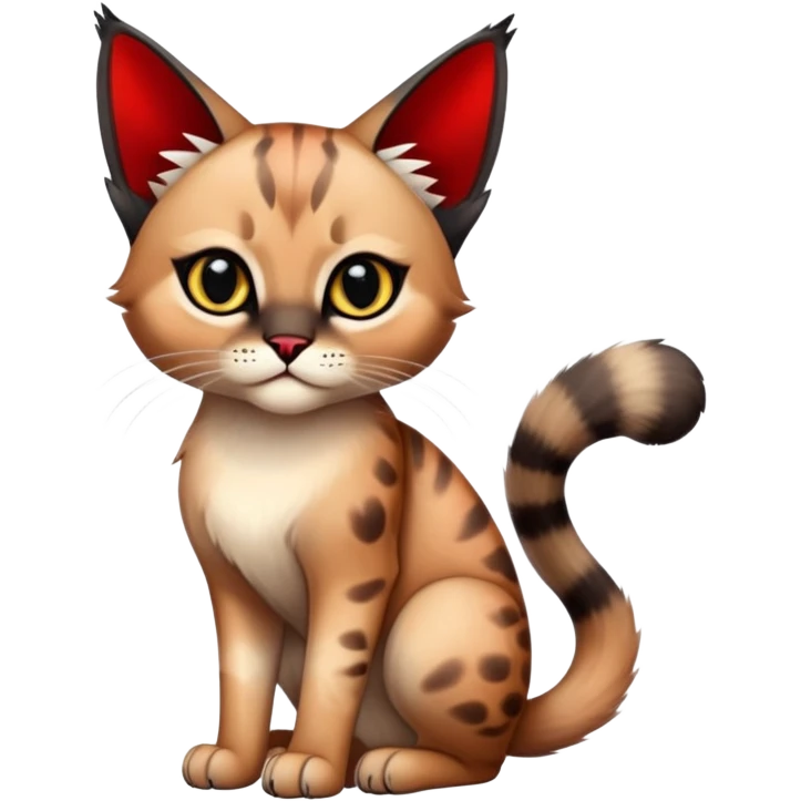 Gothic exotic Red and black and edgy and cute shiny Fantasy-Siamese-Bobcat-Caracal-Scottish-Fold-feline-Fakémon-feline-hybrid (full body) emoji