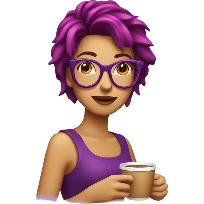 Chica con pelo canoso y gafas moradas Tomando café  emoji