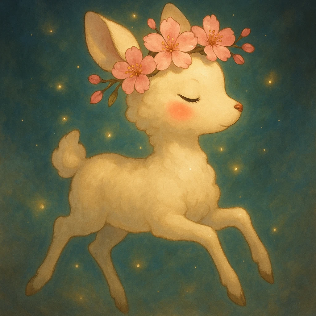 Enhance this feminine adult vanilla cloud doe with rosy cheeks and cherry flowers, floating gracefully in a dreamy Ghibli style. Make the colors richer, the lines softer, and the cherry flowers more detailed. Add a magical glow and elegant highlights, keeping the look whimsical, refined, and enchanting. emoji
