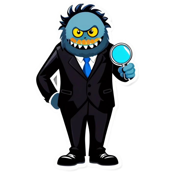 Gray monster wearing suit holding magnifying glass emoji