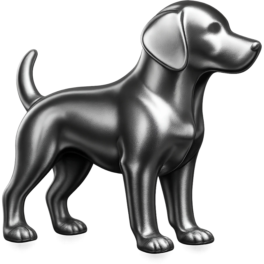               Apply a high-end, photorealistic metallic chrome material to the provided {subject}. The material should have a smooth, slightly curved surface with subtle reflections and soft shadows, resembling brushed or polished silver metal. Preserve the exact shape, proportions, and design of the original object. Set it against a solid black background (#000000) in 8K resolution. The lighting should enhance the beveled edges and reflective highlights, creating a sleek, premium finish. {subject} = dog emoji