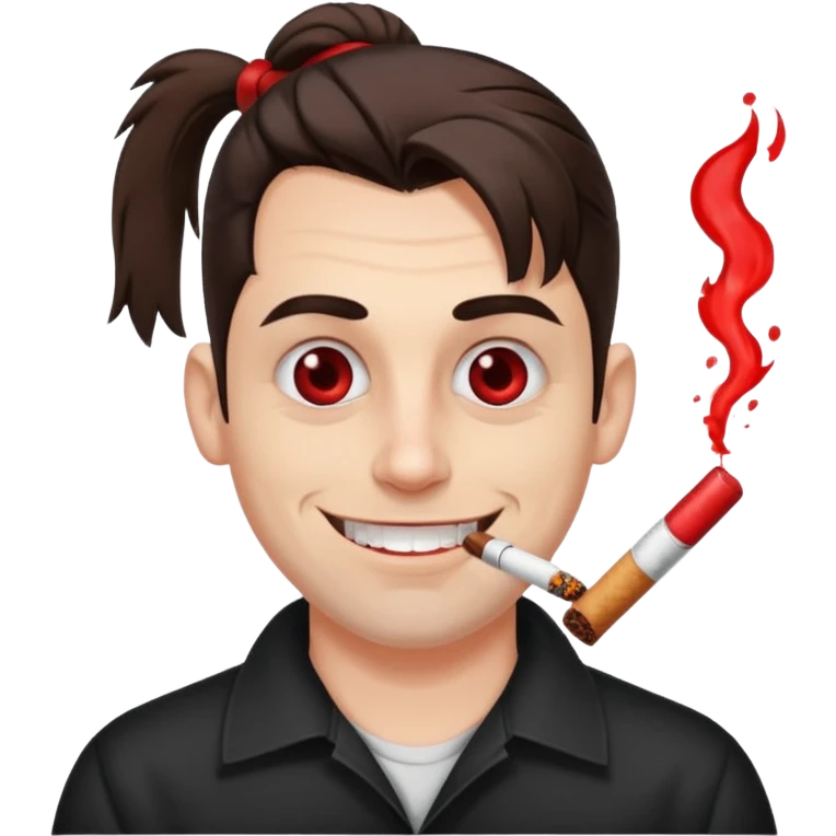A white man with dark brown hair in a ponytail, oversized bloodshot eyes, grinning, smoking a long roll up emoji