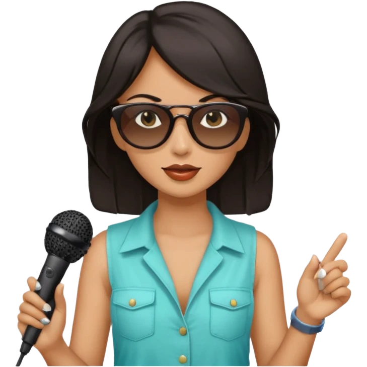 dark long haired woman with summer clothes and sun glasses holding microphone emoji