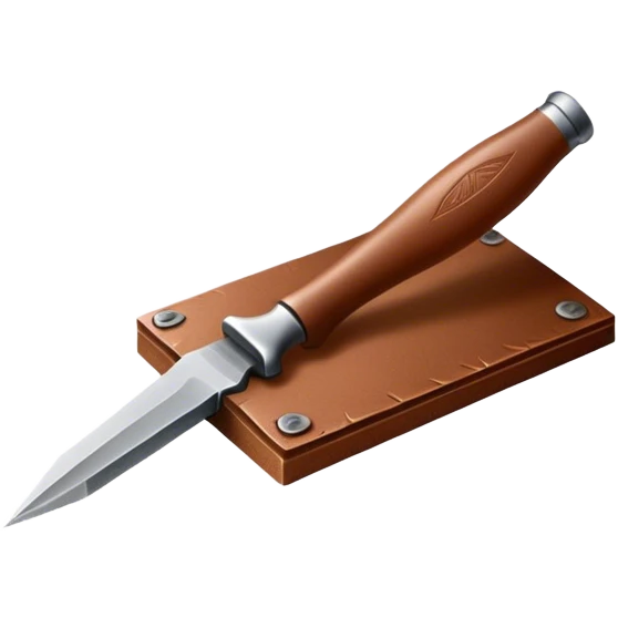Leatherworking icon, piece of raw leather with started engraving, engraving tool or chisel, stamp or press, textured surface, minimalistic style, clean lines, transparent background. emoji