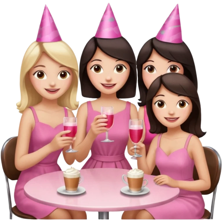 Девушка со светлыми волосами сидит в кафе весёлая с подружками у которых темные волосы в розовом платье они в праздничных колпаках и у них бокалы в руках emoji