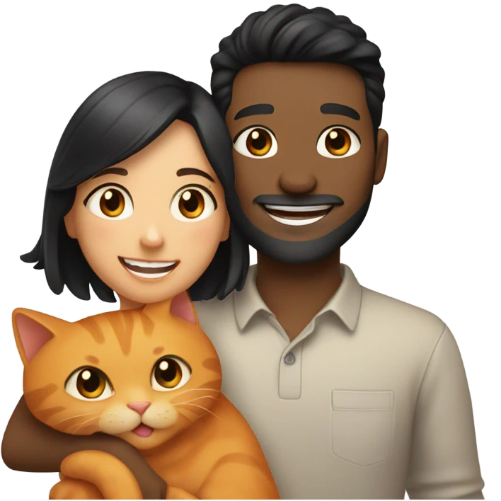 a happy light-brown woman with black hair and a happy brown man with brown hair in white long sleeve are family and holding an orange cat emoji