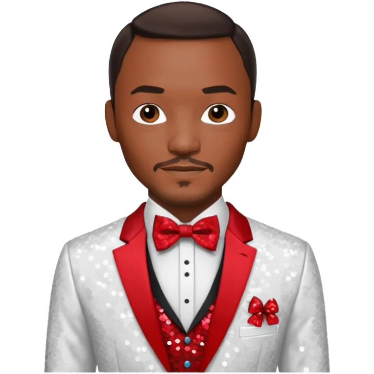 Anthony Mackie with dark brown hair, red shirt, white sequin suit jacket with bow tie emoji