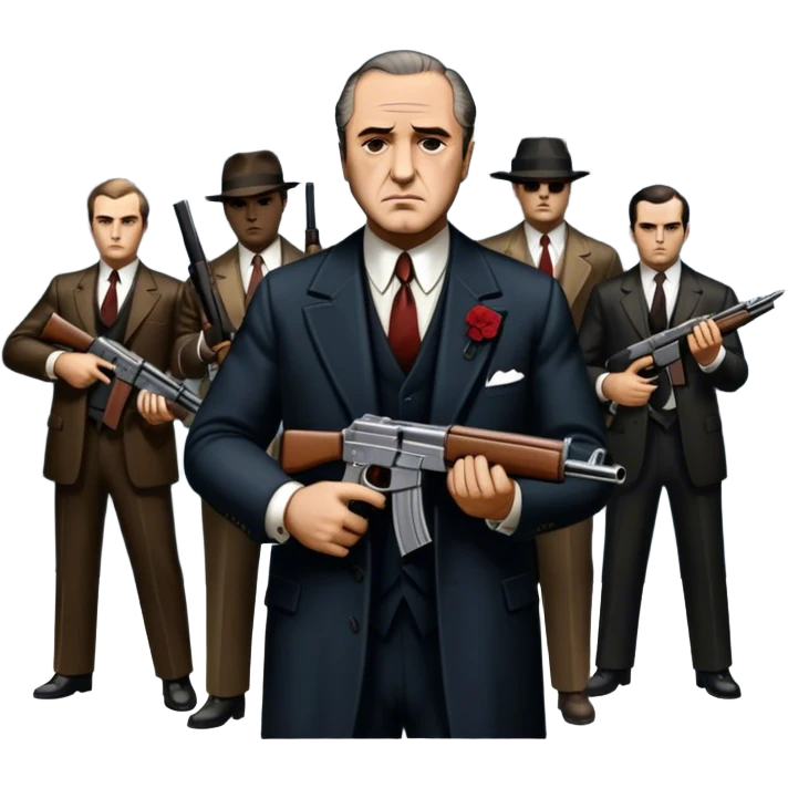 Vintage noir poster with Don Corleone surrounded by gangsters holding Thompson submachine guns. Background features New York skyscrapers, adding to the gritty, classic gangster film feel.  Dark and moody atmosphere with shadows, suits, and a mysterious vibe. Transparent background. emoji