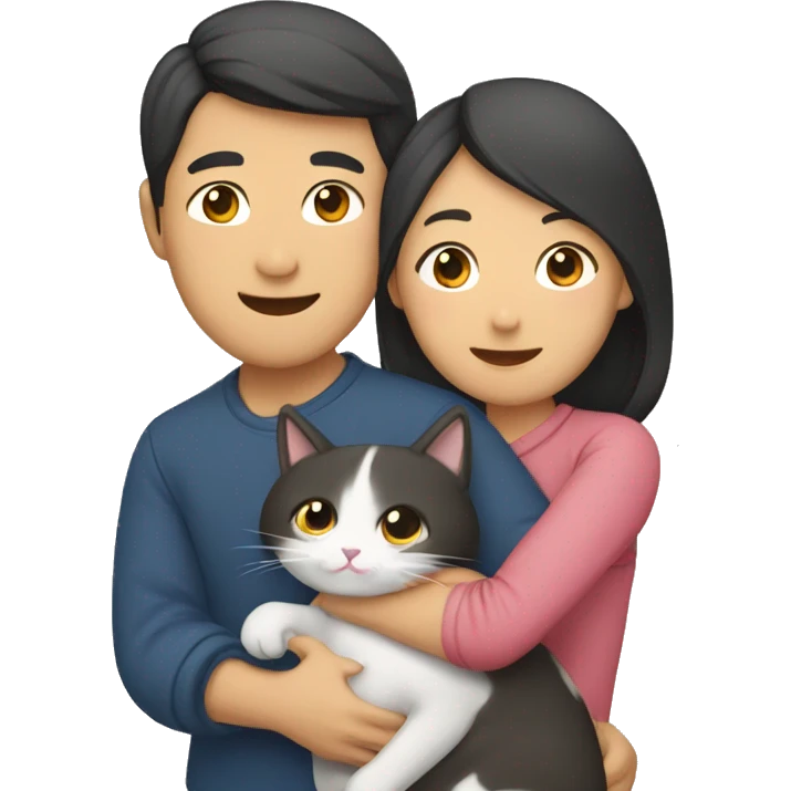 asian couple hugging with a cat emoji