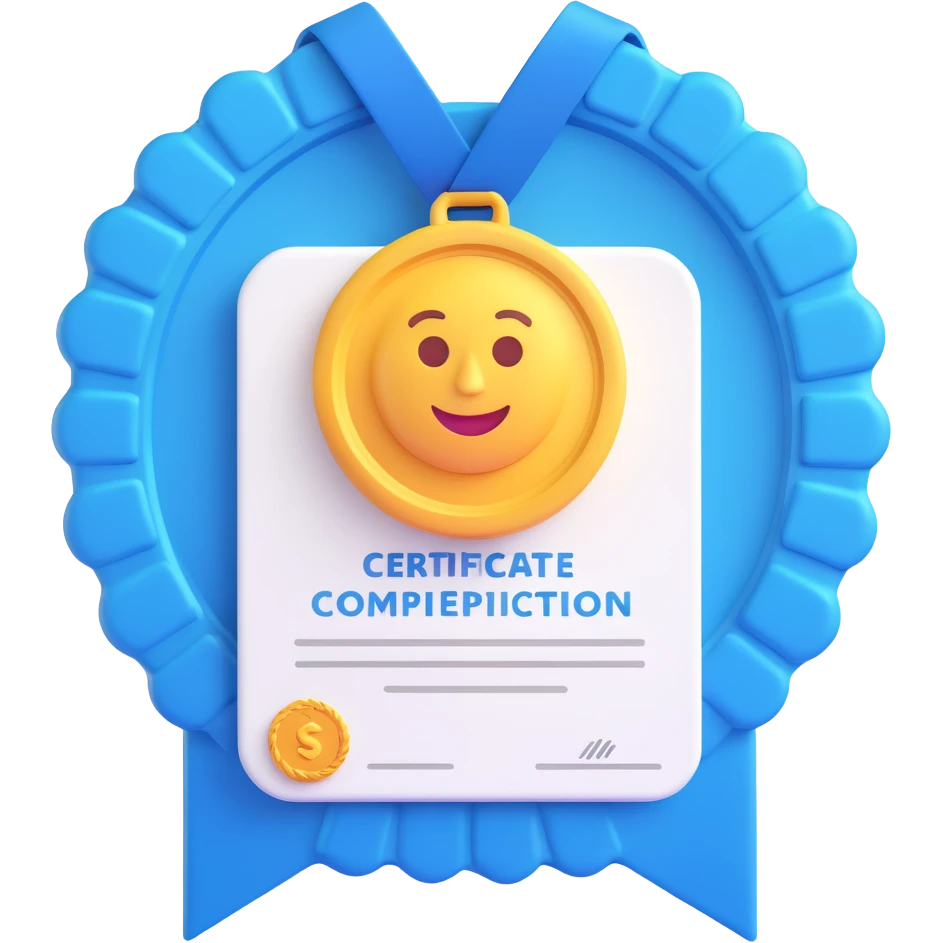 certificate of completion with a blue medal sticker, iPhone style 3D emoji emoji
