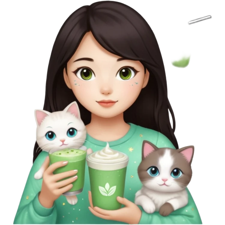 asian girl with shoart dark brown hair with a soft girl glowup aesthetic. matcha latte sparkles girly things, 2 ragdoll cats, skincare, makeup emoji