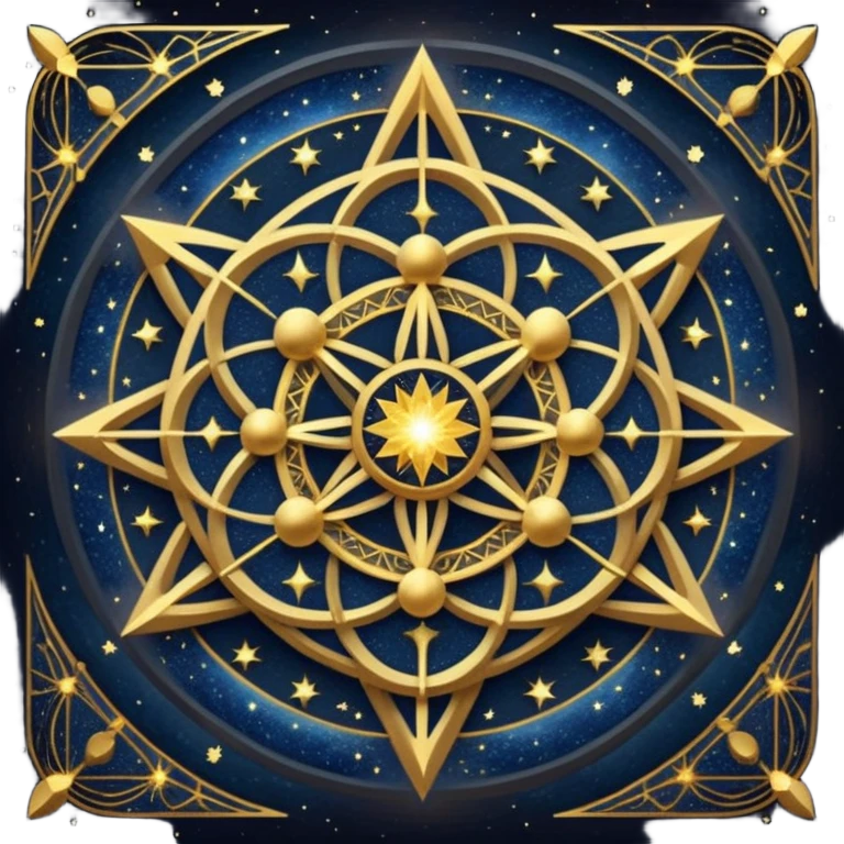 Создай изображение на основе этого промпта: sacred geometry. golden intricate patterns. glowing lines. cosmic dust. deep dark blue background. starry night sky. ethereal light. highly detailed. sharp focus. digital art. high resolution. emoji