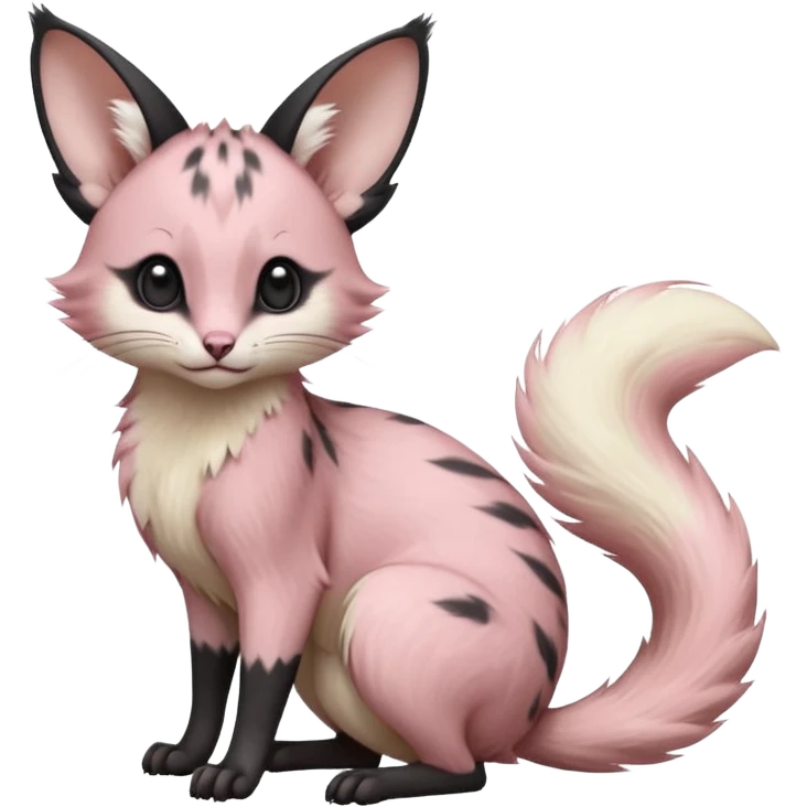 Pastel Pink, black-pointed, soft natural realistic romantic vintage antique divine beautiful elegant pretty precious cute young youthful  Fakémon-Pokémon-opossum-feline-mouse-serval-caracal-chinchilla-Minccino-Cinccino-Meowstic-rodent-hybrid-creature with a big fluffy bushy tail (full body) emoji