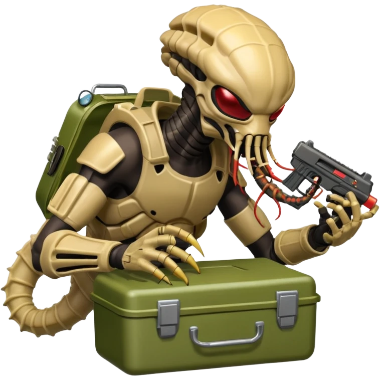 The Predator, as in the 1987 movie, with full armor, shoulder laser gun and mask eating an Alien facehugger from a lunchbox, the setting should be dark and sci-fi. emoji