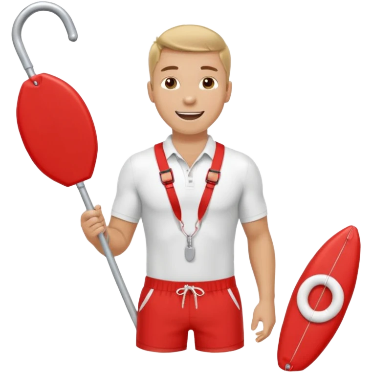 Male lifeguard – red shorts, whistle around neck, holding rescue float. emoji