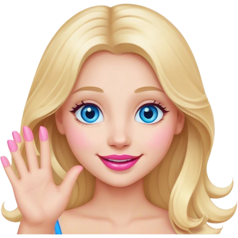 A beautiful blonde girl with long hair, blue eyes, pink lips and a sweet smile  arm hello emoji