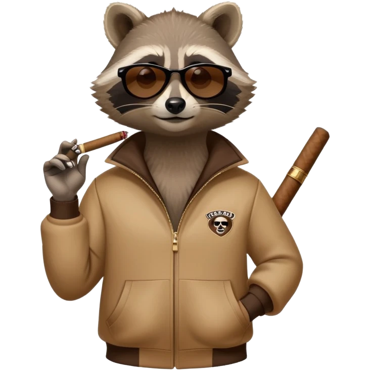 friendly anthropomorphised raccoon in a Sopranos-style mafia tracksuit, wearing dark sunglasses, holding a cigar, relaxed pose emoji