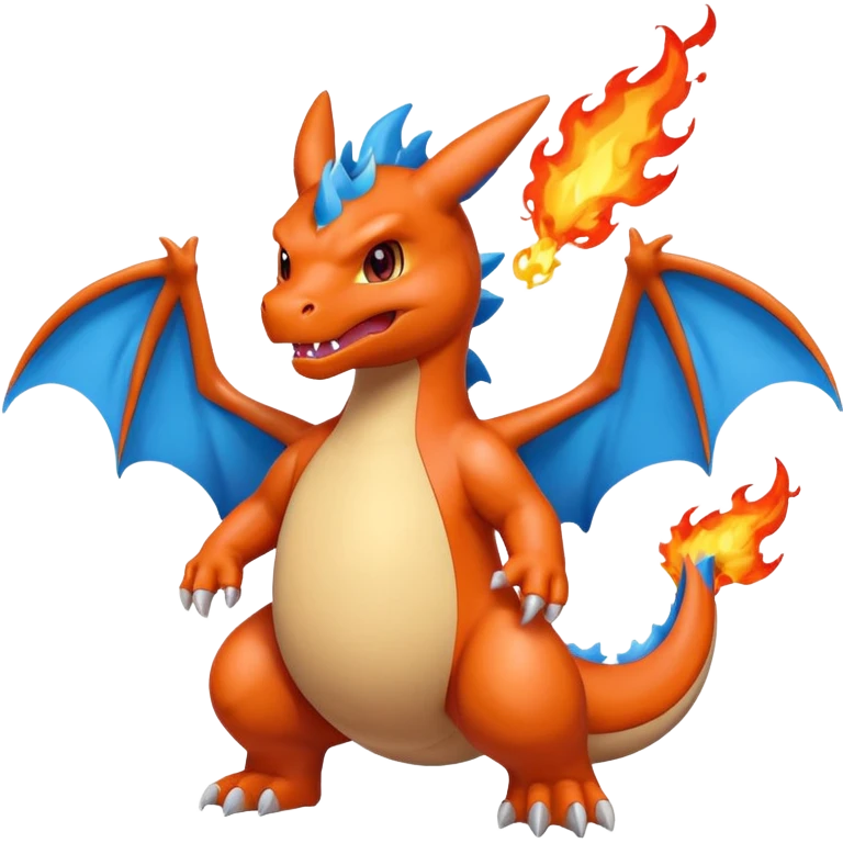 cute minimalistic charizard pokemon throwhing flames 2 horns, blue wings only on the inside part emoji