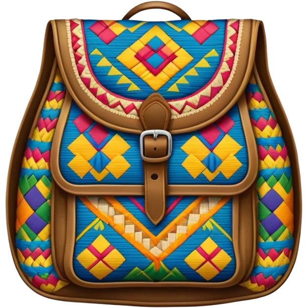 Cinematic Realistic image of a traditional Colombian mochila, rendered with detailed woven textures and vibrant patterns, set against a rustic backdrop with soft, cultural lighting emoji