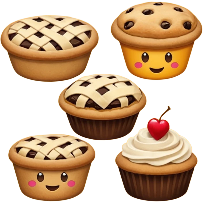 Baking community humanless avatar in clean emoji-style illustration. Pie, cookie, and muffin warm golden tones, simple shapes, flat design, high contrast, cozy and friendly. emoji