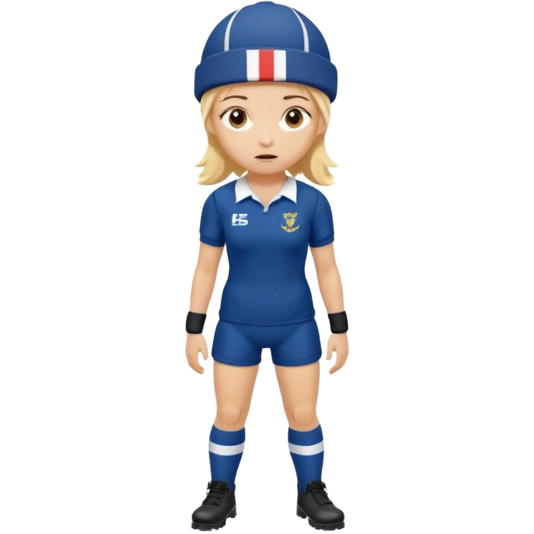 chica rubia con cara de miedo vestida con equipación de rugby y una casqueta en la cabeza metida en unas botas de presoterapia emoji