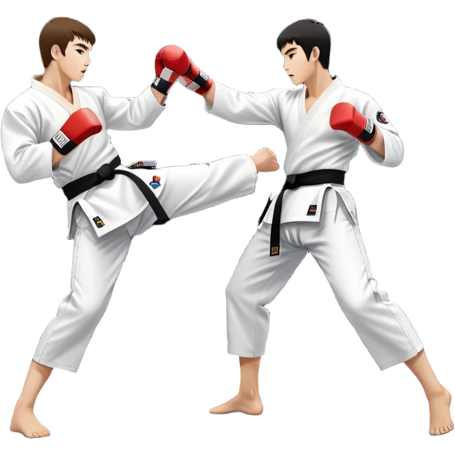 Two taekwondo fighters in traditional white doboks with black belts compete in a dynamic match. One executes a high spinning kick, while the other blocks skillfully. The background features a professional arena with bright lights and spectators. Transparent background. emoji