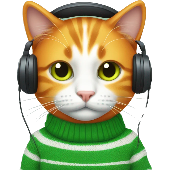 Orange cat wearing green and white stipe sweater and headphones emoji