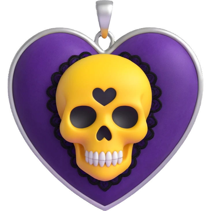 3D emoji gothic heart, deep violet velvet texture, silver skull charm, black lace trim emoji
