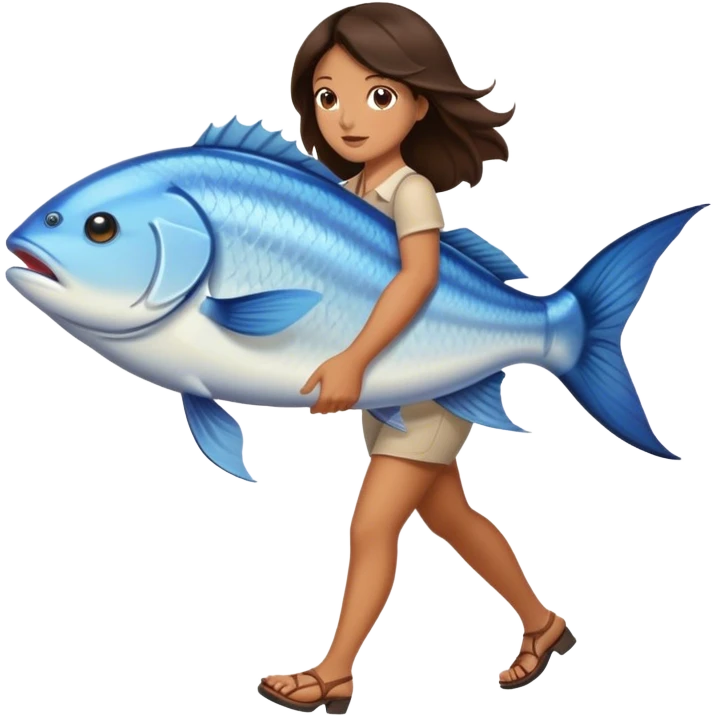 Brunette Woman walking with huge fish emoji