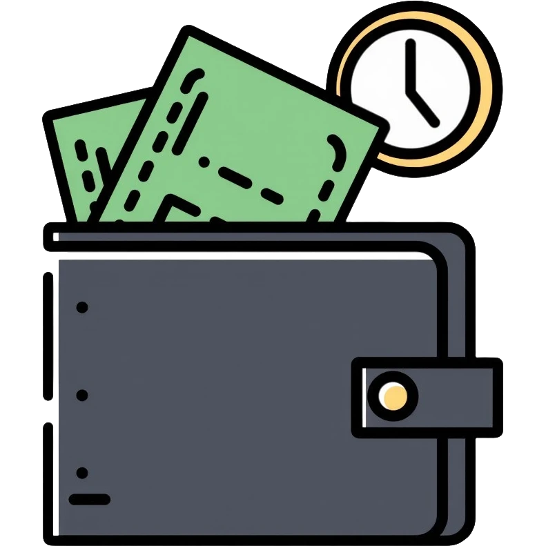 black wallet with dollars inside and a small clock in top right corner positioned above the wallet emoji