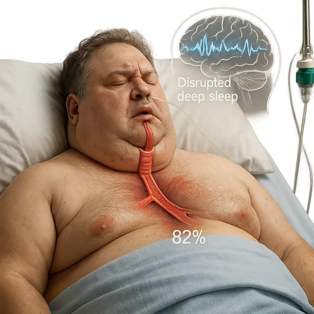 hyper-realistic medical CGI of overweight man in hospital bed, airway compressed by neck fat, trachea walls red, oxygen at 82%, brain scan overlay with disrupted deep sleep, 4K, clinical emoji