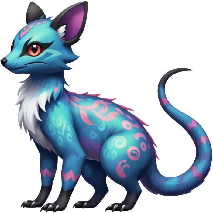 Rare iridescent white exotic epic aesthetic colorful Salandit-Eevee-Civet-species-Fakemon-hybrid-creature, with intricate tattoo markings, full body emoji