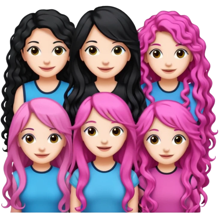 5 girls with 2 is white and had long black hair, but one has black hair and pink extensions, she is white, and one is black and has curly hair and one is Indian black and had black long hair. emoji