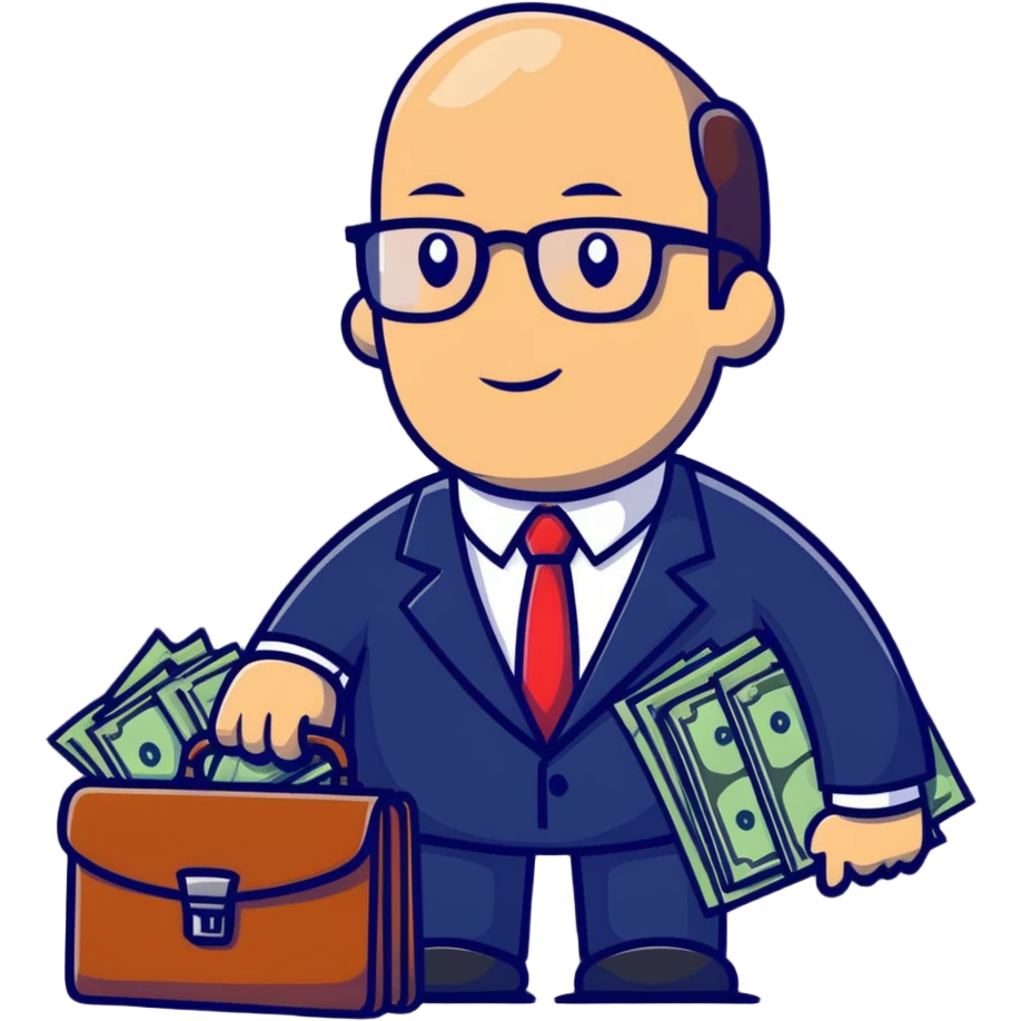 businessman in suit and glasses with an open briefcase full of dollar bills emoji