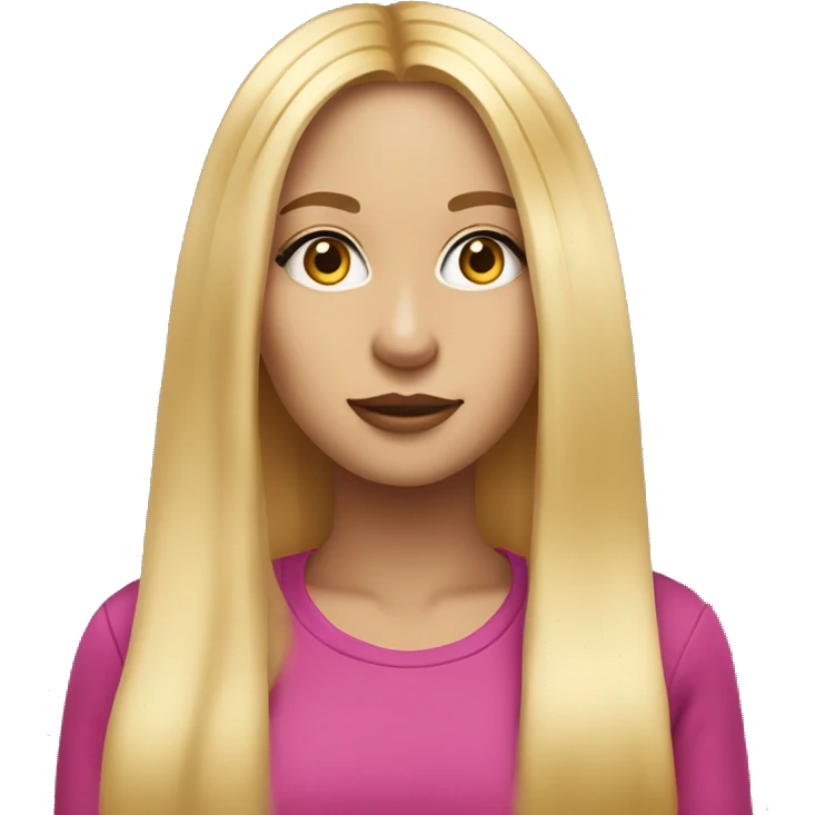 She has long, straight blonde hair, large expressive eyes, and medium height. Her makeup is often colorful, and she tends to wear bright, fun outfits that match her vibrant personality. emoji