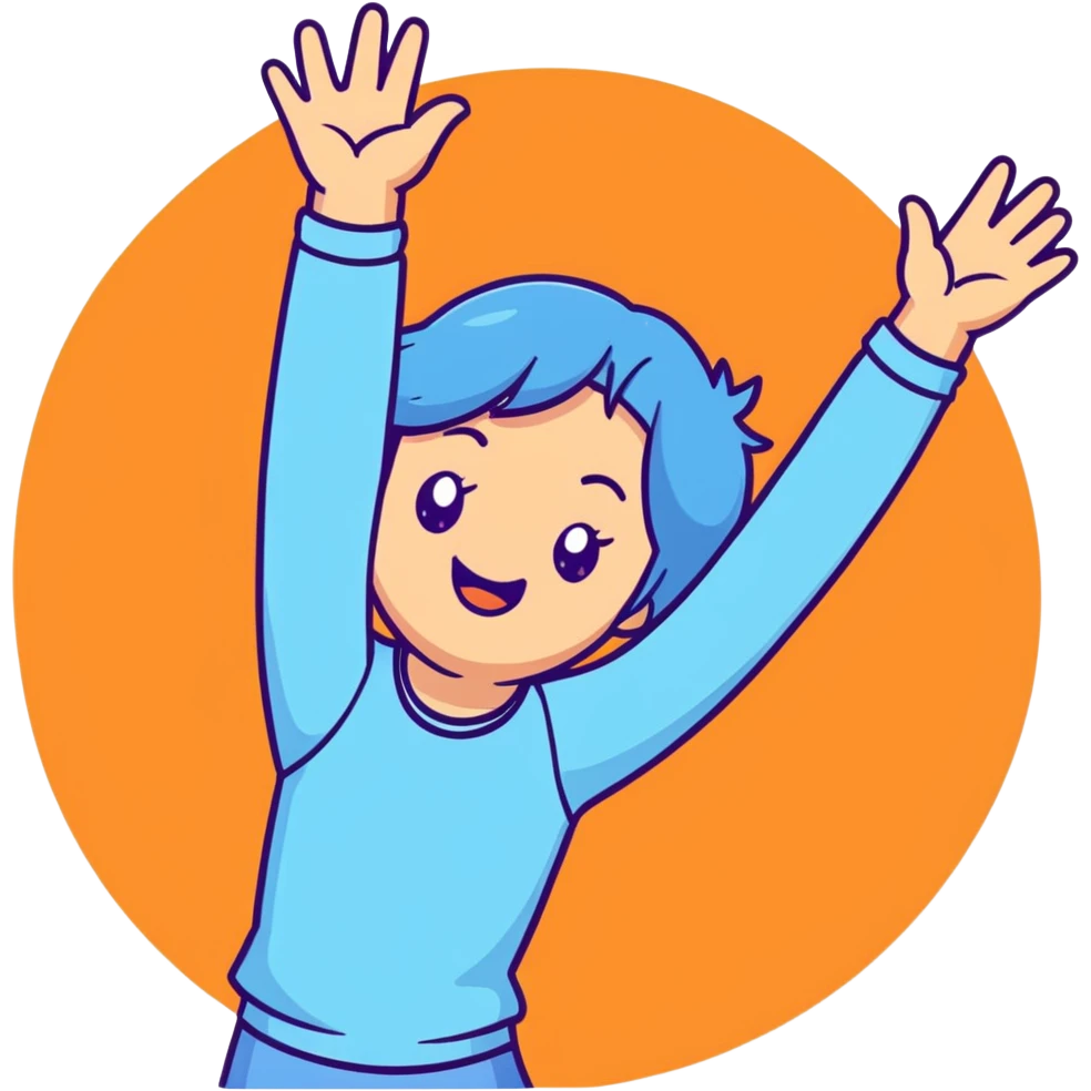 girl wearing pastel blue clothes with arms raised in joy making a hurray celebration gesture emoji