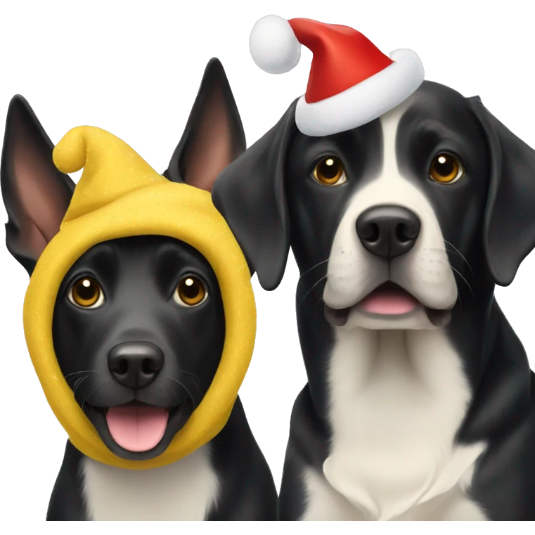 black dog and a yellow dog with xmas hats on emoji