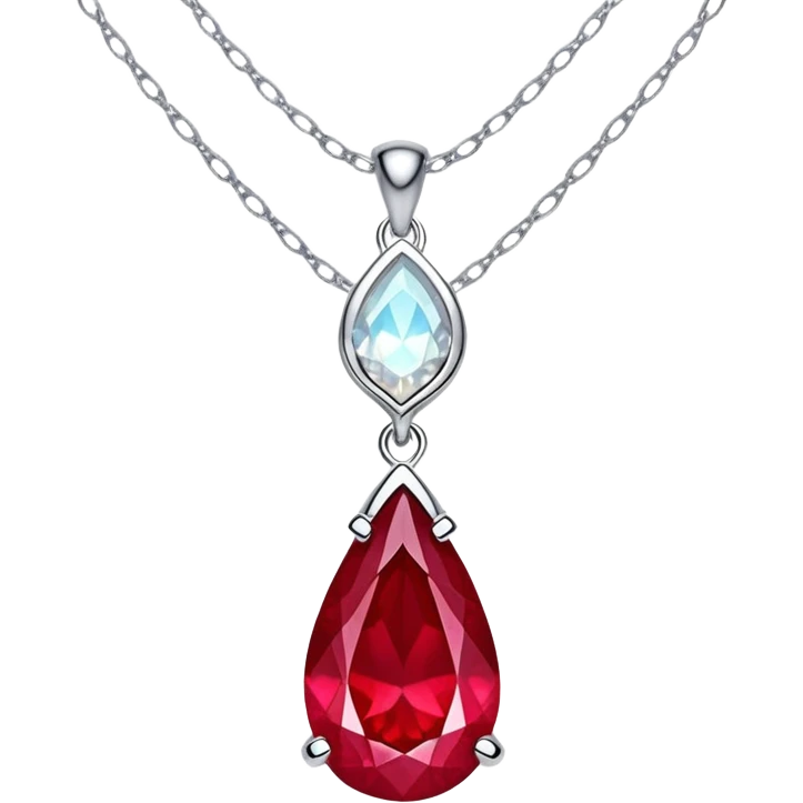 teardrop ruby pendant with silver chain, white stones, and glowing aura of passion emoji