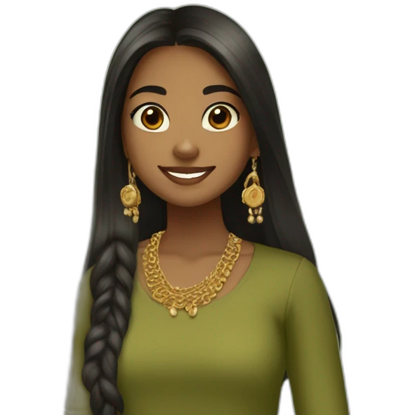 A brown girl in her teens taking a mirror selfie in an olive green kurta and wearing a gold chain and long black straight hair with a half up half down hairstyle  emoji