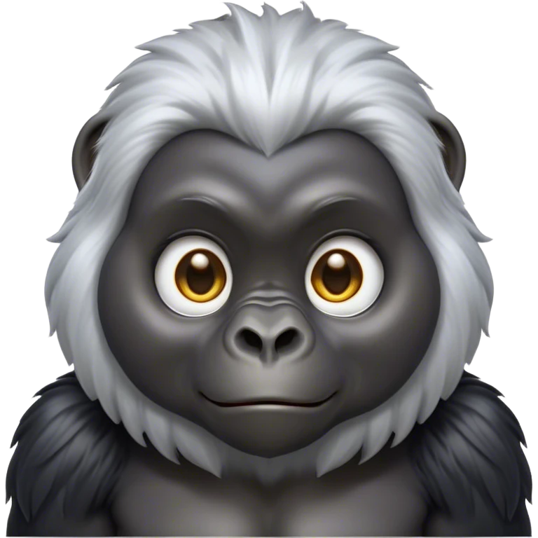 Cinematic Cute mountain Gorilla Portrait Emoji, Head tilted playfully and inquisitively, with a robust build accented by a striking silver mane and round, sparkling eyes full of gentle charm, Simplified yet irresistibly adorable features, highly detailed, glowing with a warm, friendly jungle glow, high shine, affectionate and lively, stylized with a touch of endearing primate whimsy, soft glowing outline, capturing the essence of a mischievous yet loving mountain that feels like it could lumber out of the screen into your arms! emoji