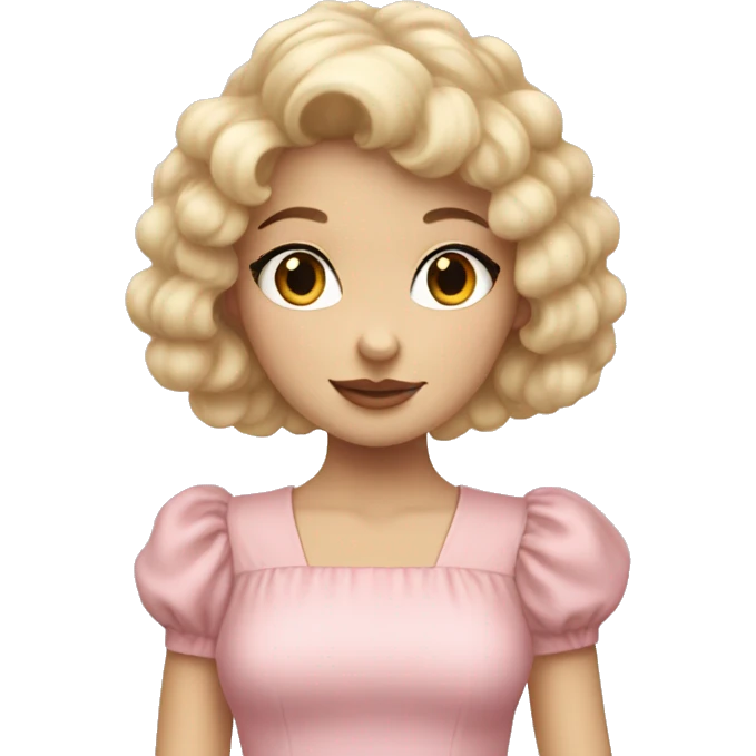 pale girl with bangs and long blonde curly hair and a pastel pink puff sleeve dress emoji