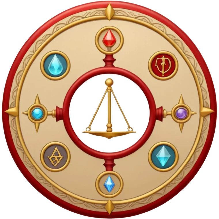 A circular casting sigil inspired by the Wizard101 Balance School, featuring ancient alchemical and arcane motifs. The base color is sand, with red trim accents. At the center is a golden balance scale as the primary focal symbol. emoji