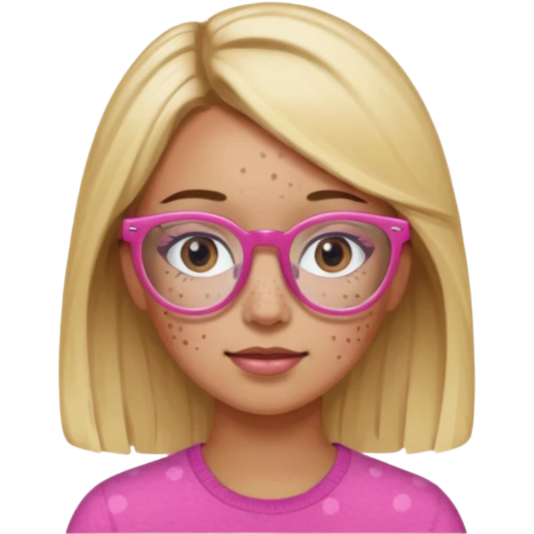 Innocent blonde woman with black eyes and light  brown skin and pink glasses and freckles  emoji