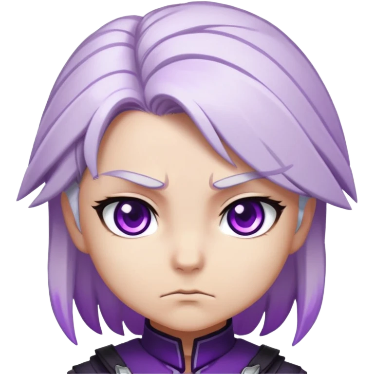 Chibi Sable Ward with intense focus expression, slightly furrowed brows, concentrated stare, white hair with purple streaks, fully purple eyes, determined look emoji