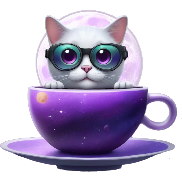Cute purple hoverpetcat in a space ship in the moon with a cup of coffe on cool glasses emoji