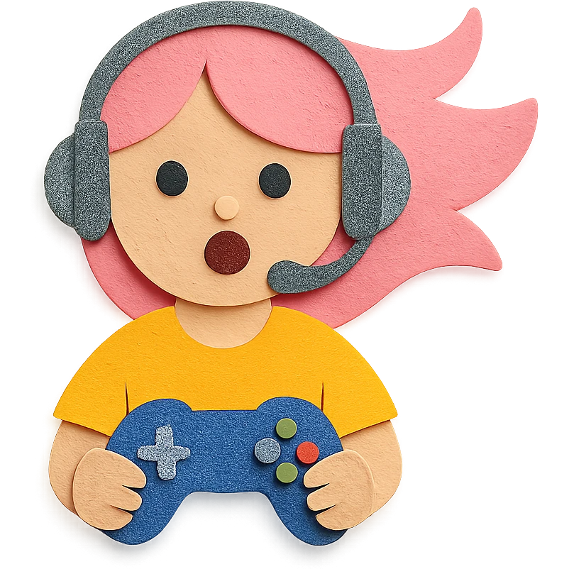 girl with pink hair streaming and playing video games, in Paper Craft style emoji