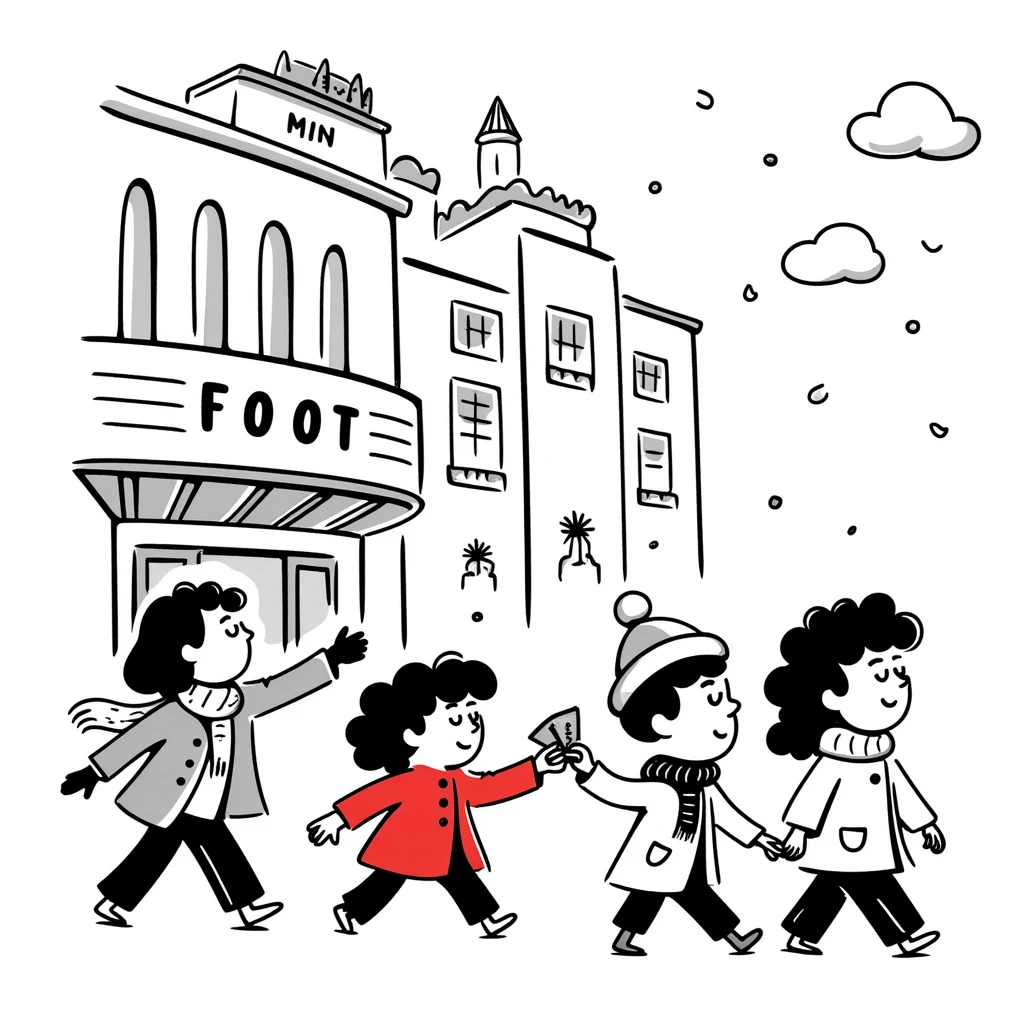 A group of school children walking to a movie theater in winter, inspired by Paddington Bear emoji