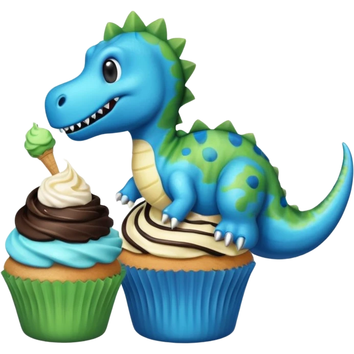 A cupcake having blue and black icing and a dinosaur as a decoration and ice cream next to it emoji