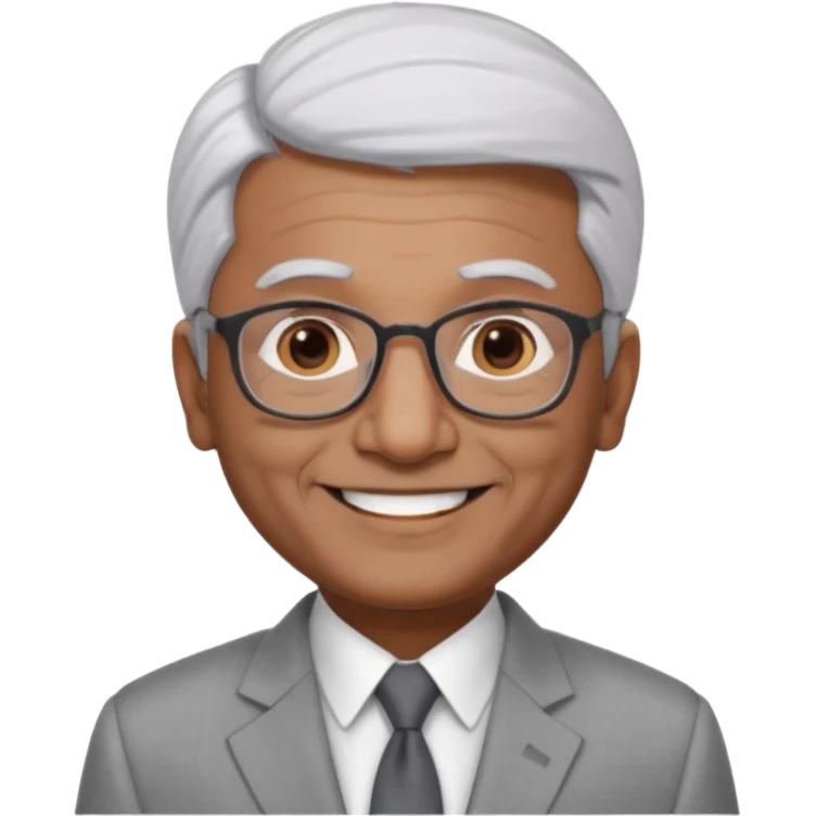 60 yr old indian man, short straight white hair brushed foreward , light grey business suit, big smile, dark brown skin, no moustache, dark brown eyes, glasses
 emoji