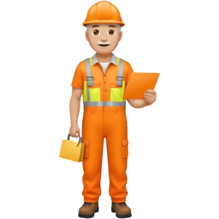 older engineer hi-vis orange overalls full body holding a card emoji